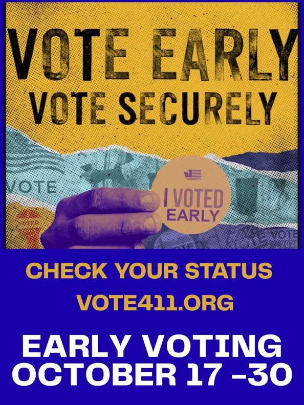 oct17-nokings-GT Poster announcing early voting runs from Oct 17 2026 through Oct 30 2026. Clicking on it will take you to the website Vote411.org
