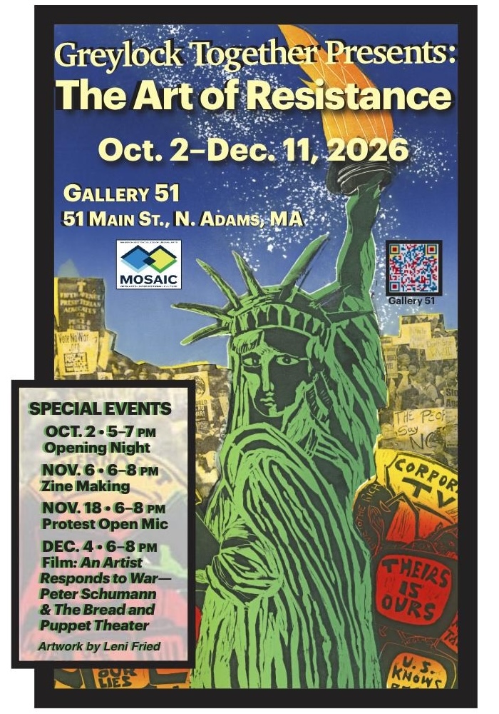 art-of-resistance Poster about Greylock Together's new art exhibit titled "The Art of Resistance" which runs from Oct 2 2026 through Dec 11 2026. Clicking on it takes you to an article about the exhibit.